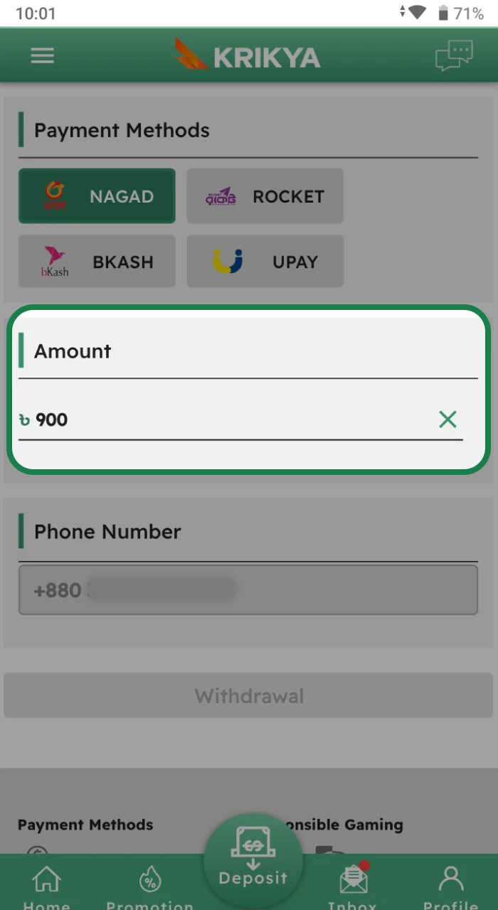 Where can I enter the amount I want to withdraw using the Nagad payment system.