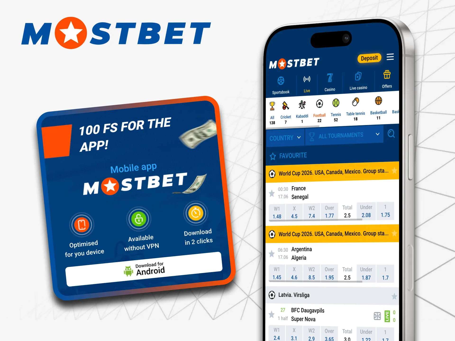 Download the Mostbet app for Android or iOS to place bets on your smartphone.