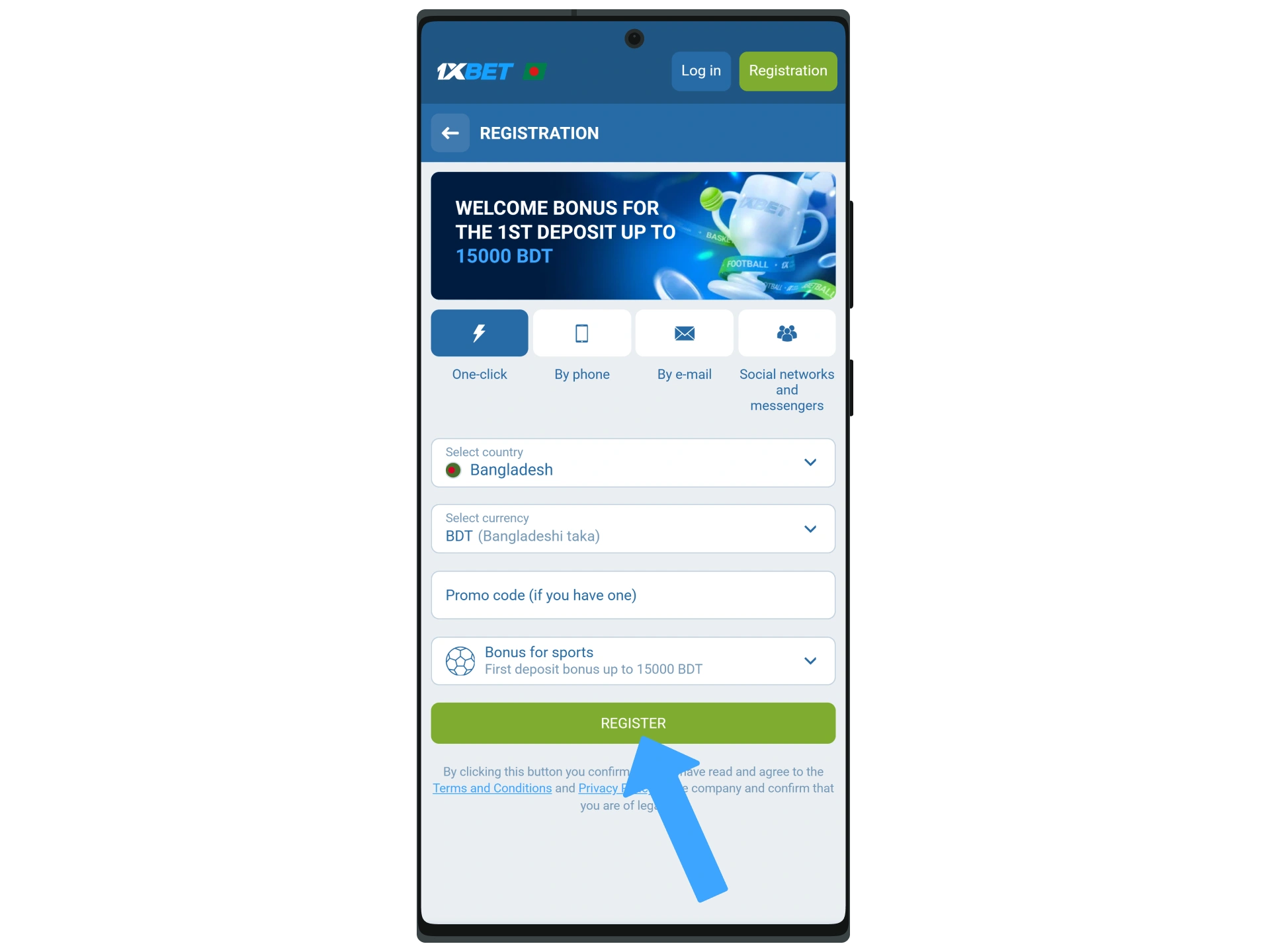 Select a registration method and enter the required information to register on the 1xbet platform.