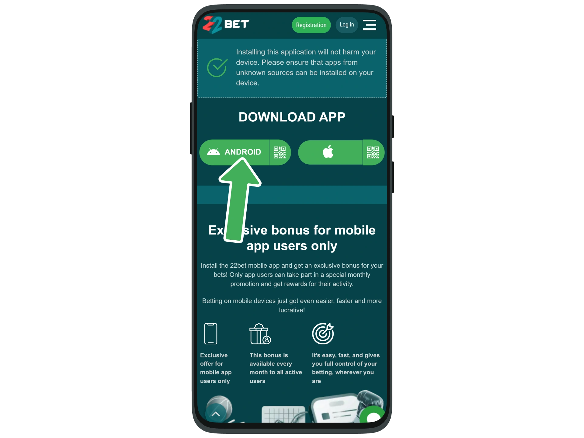 Click the Android button to download the 22Bet APK file.