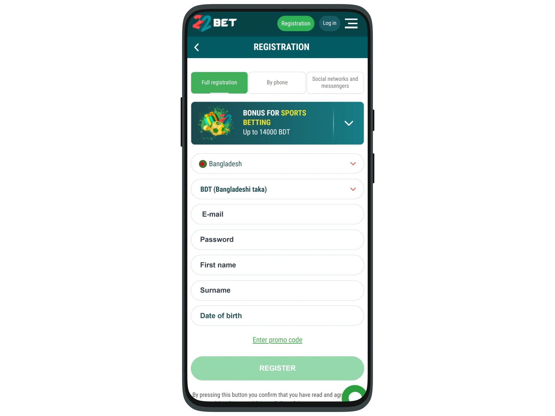 Enter your email, create a password, and add other details to register at 22Bet.