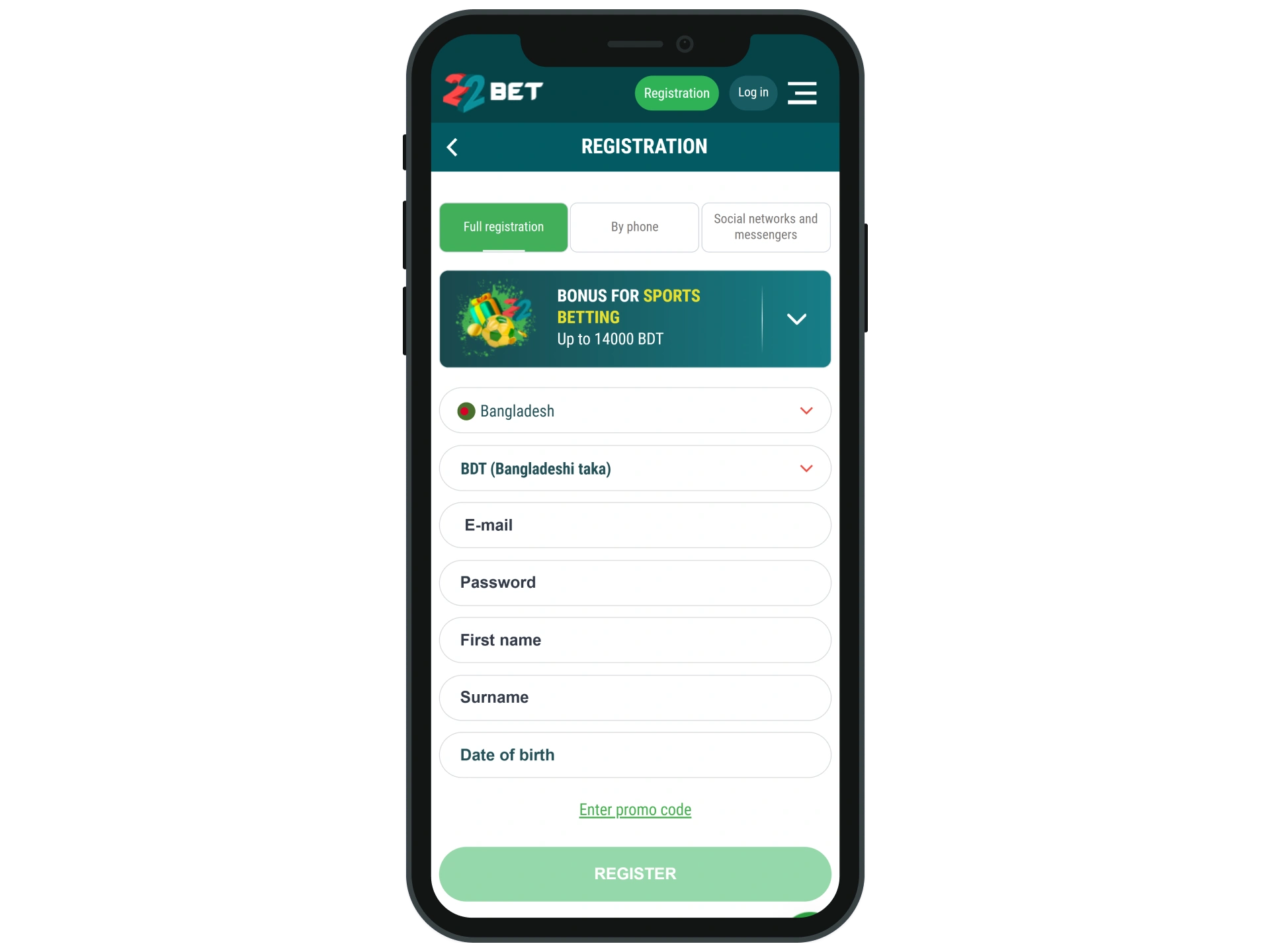 Open the 22Bet registration form to create your account.