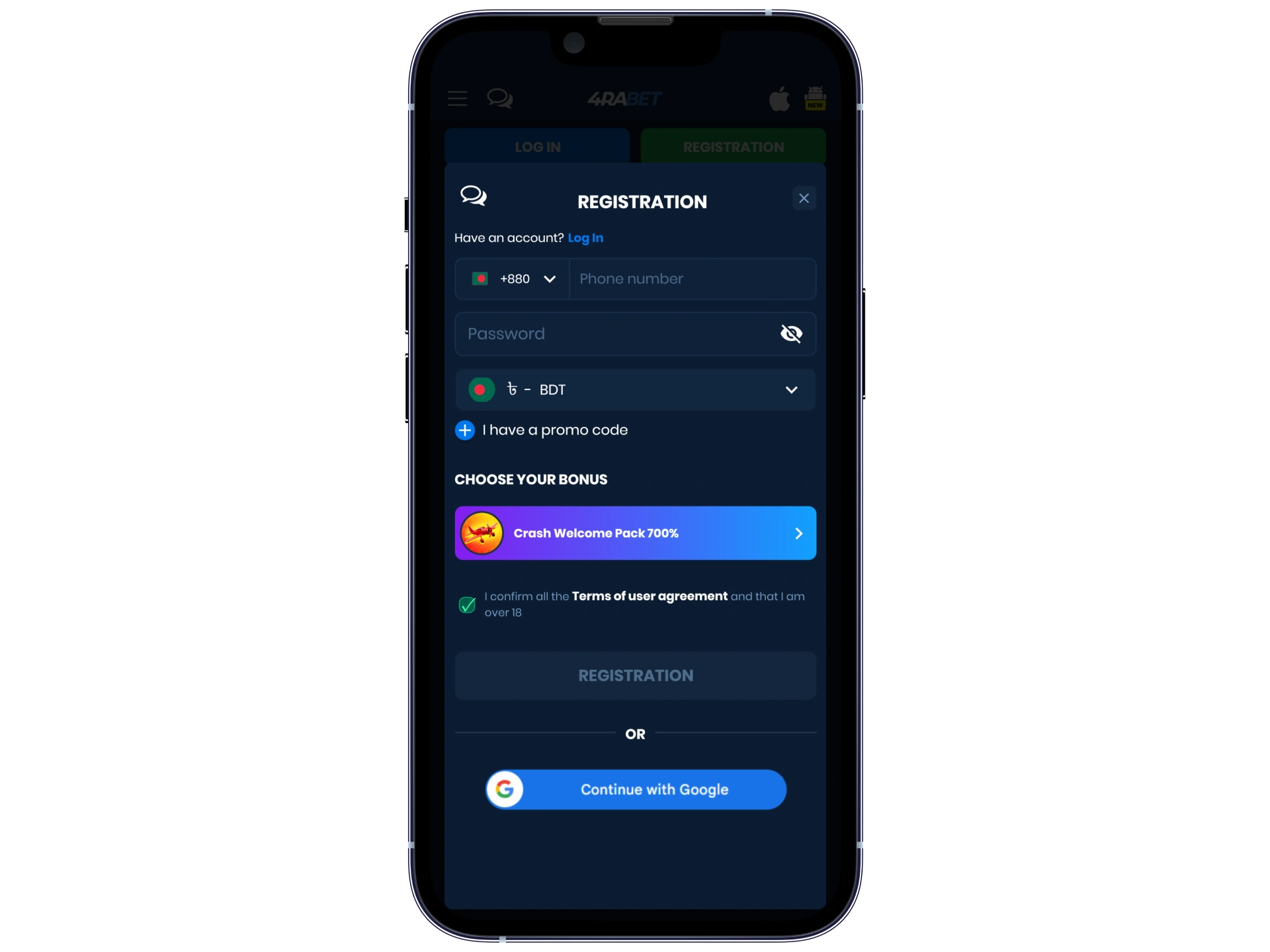 Create an account on the official 4rabet platform.