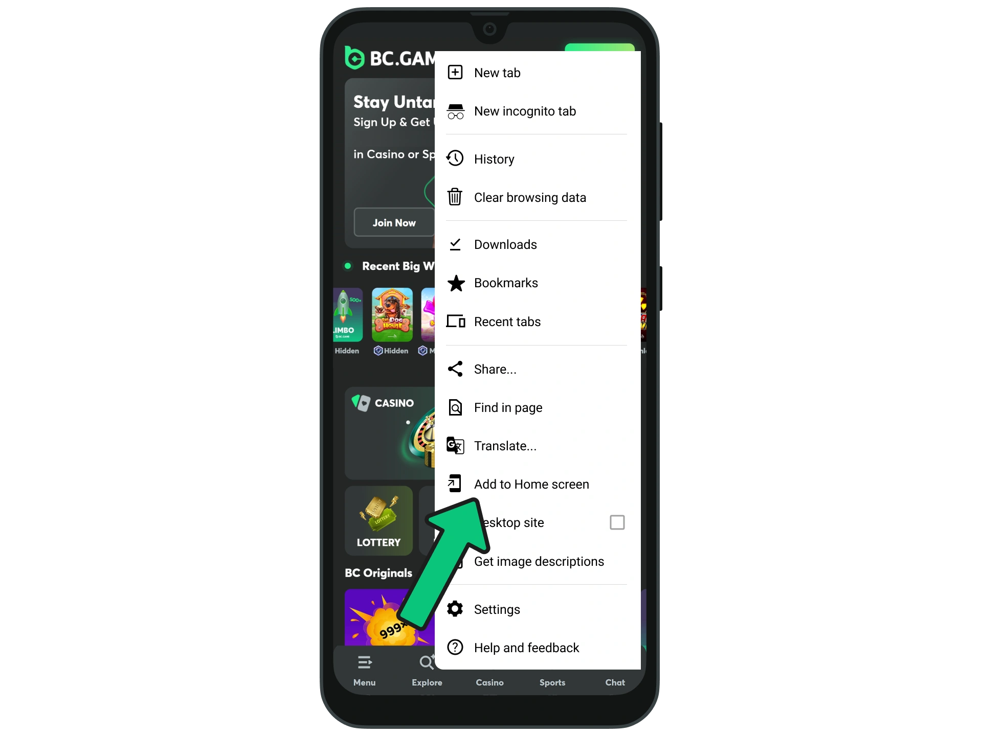 Add BC Game to home screen on your Android device.