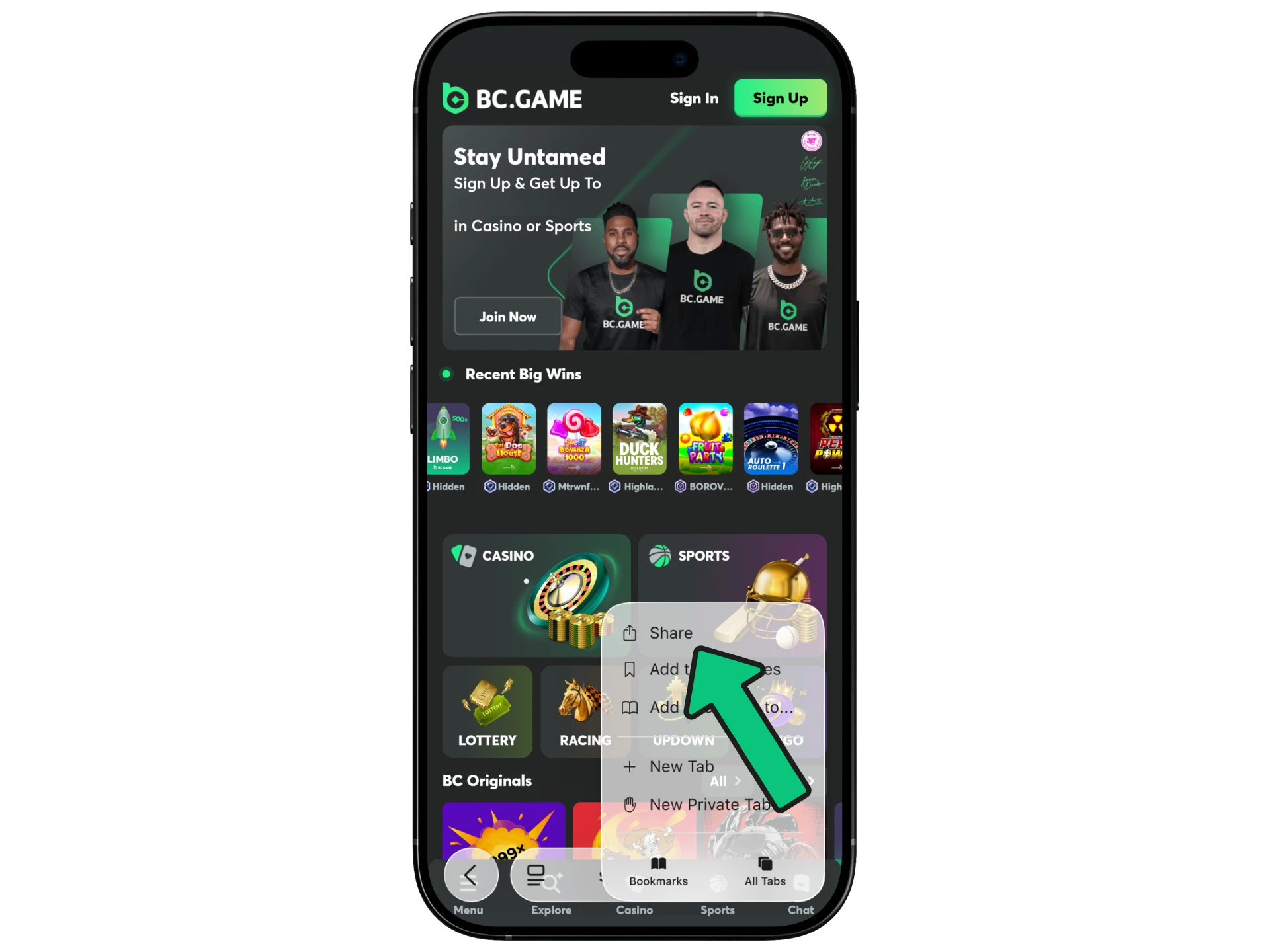 Click Share to open the browser menu and add BC Game to home screen.