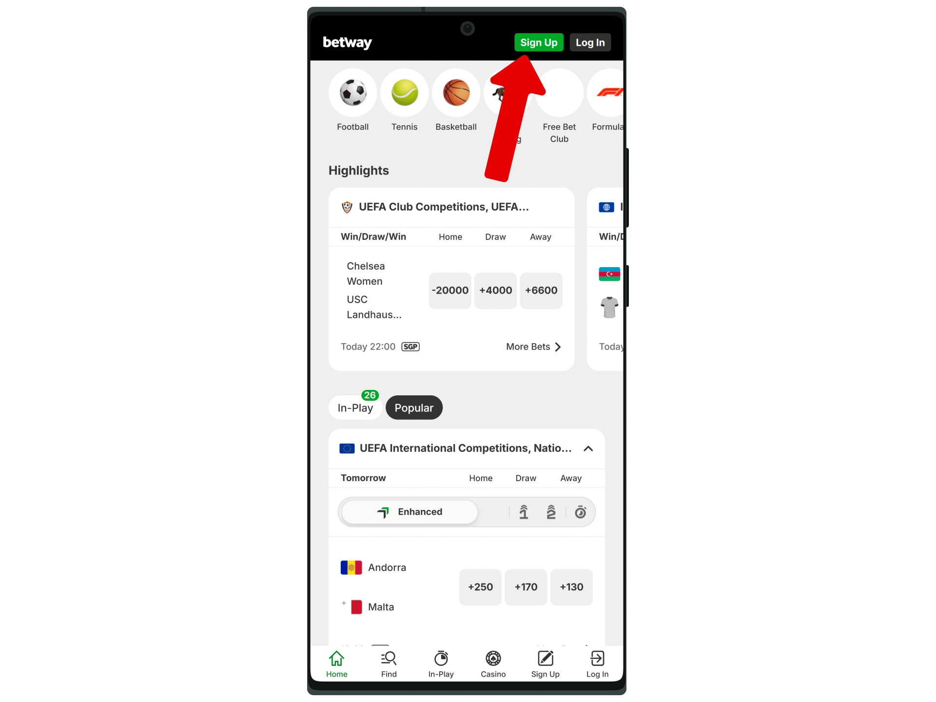 Click Sign Up and register at Betway.
