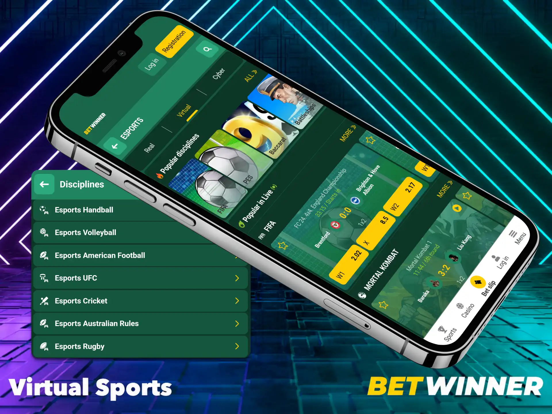 In the virtual sports section of the BetWinner app, you can bet on virtual football, handball, volleyball, and other disciplines.