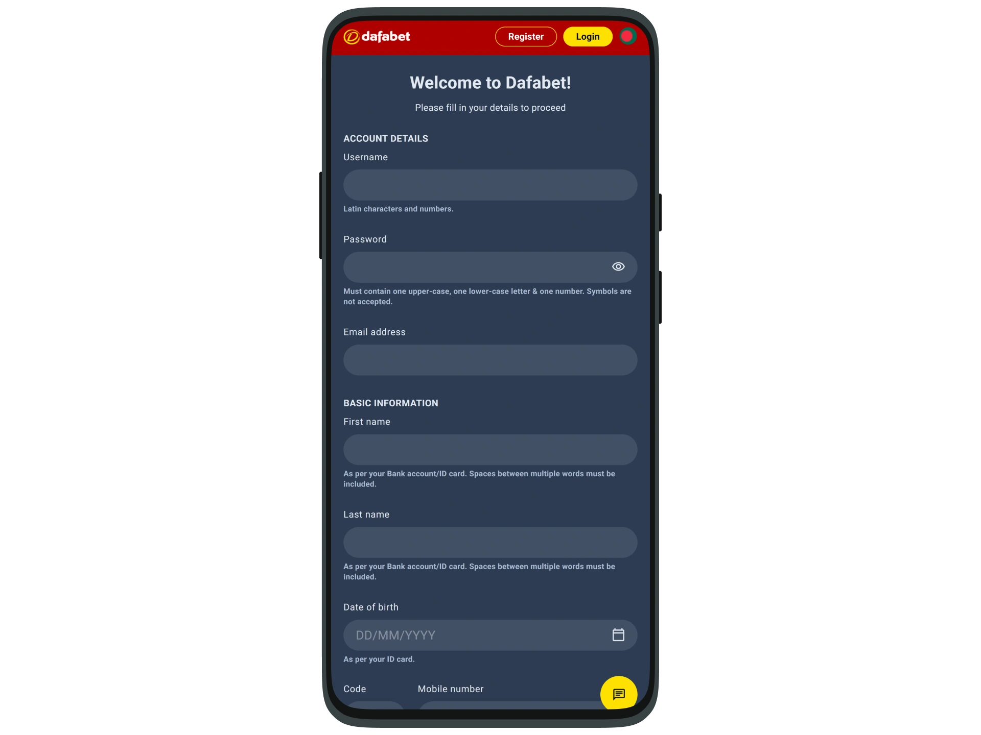 Open the registration form and create a Dafabet account.