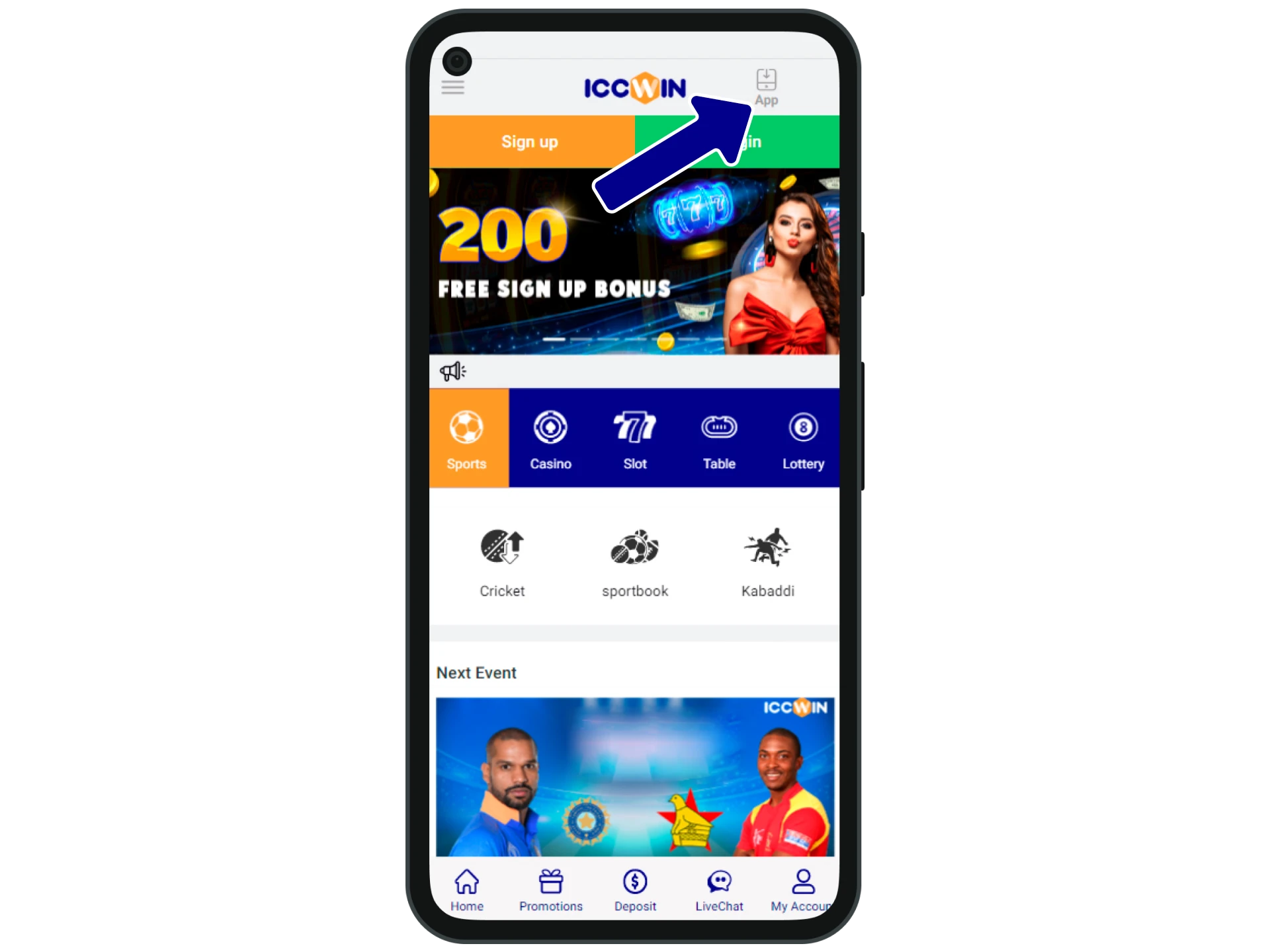 Open the app section on the Iccwin website.