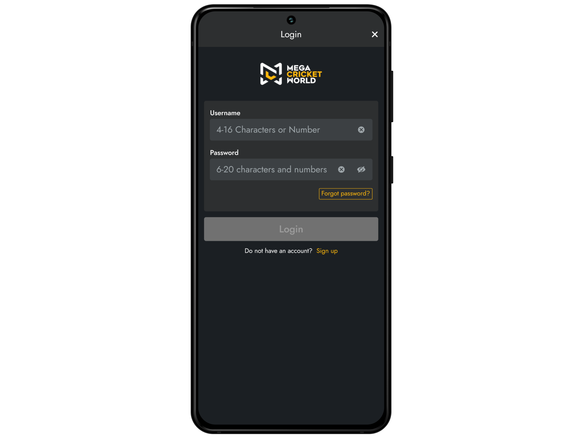 Launch Mega Cricket World app, sign in, or register an account.