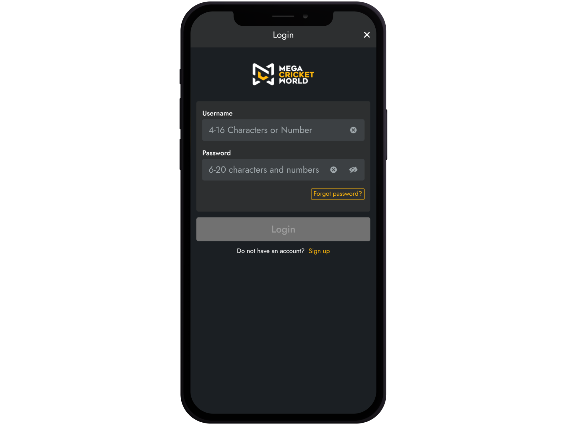 Sign in to your Mega Cricket World account or register.