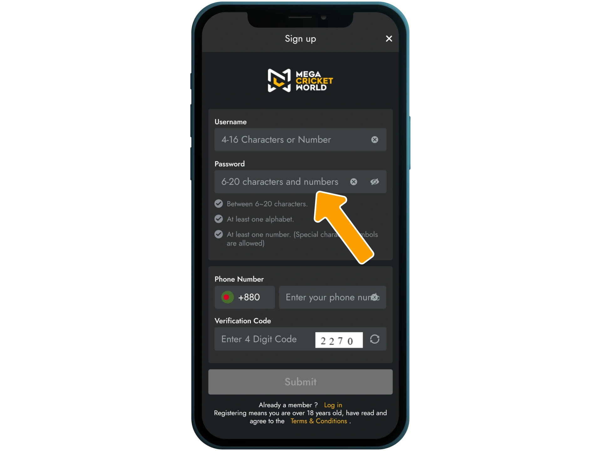 Choose a username, strong password, and BDT for Mega Cricket World.