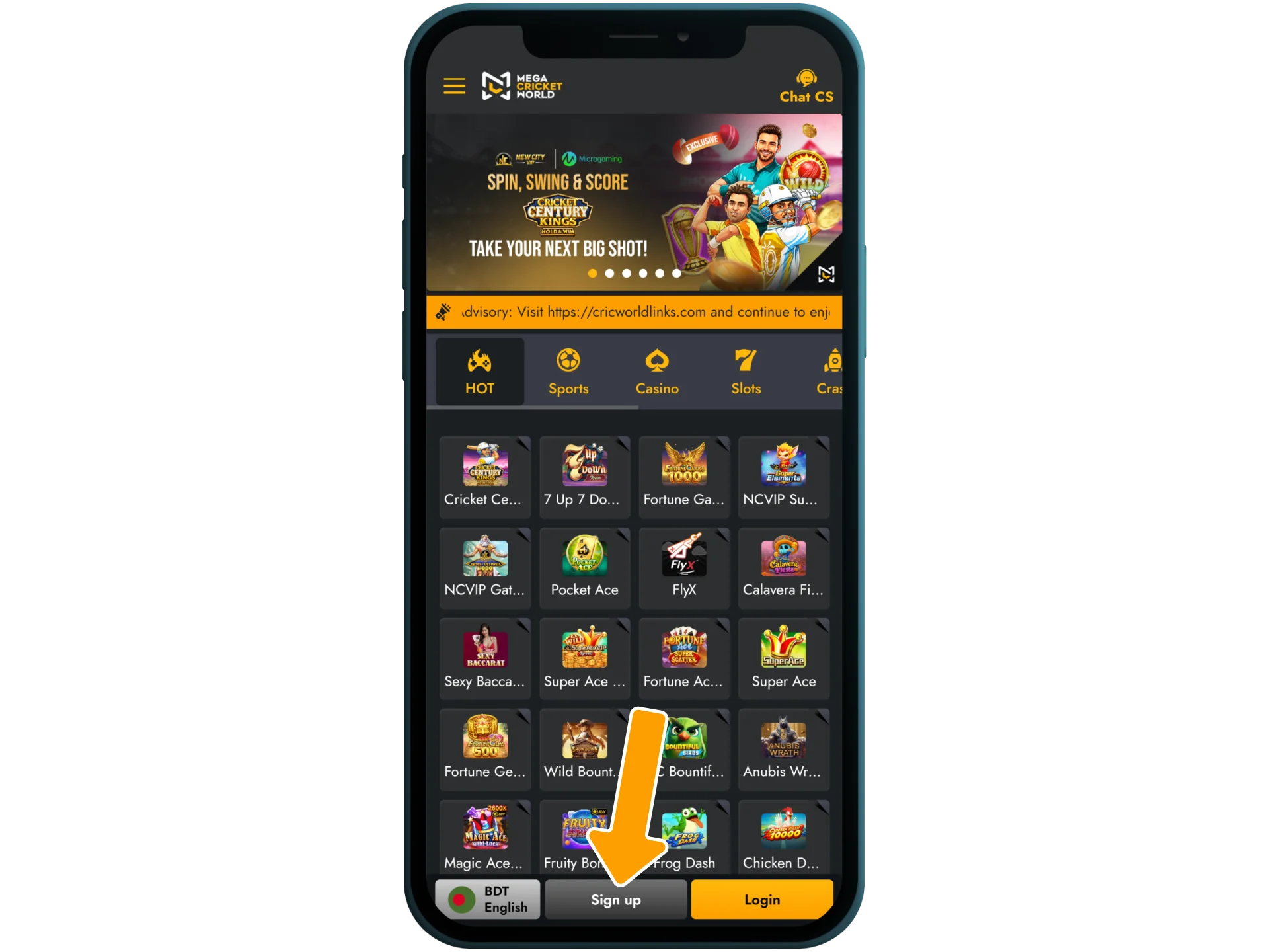 Start your Mega Cricket World registration by clicking 'Sign Up'.