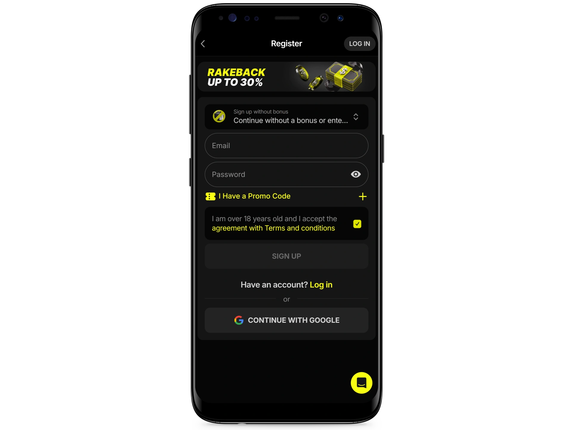 Create a Parimatch account using your email and a password.