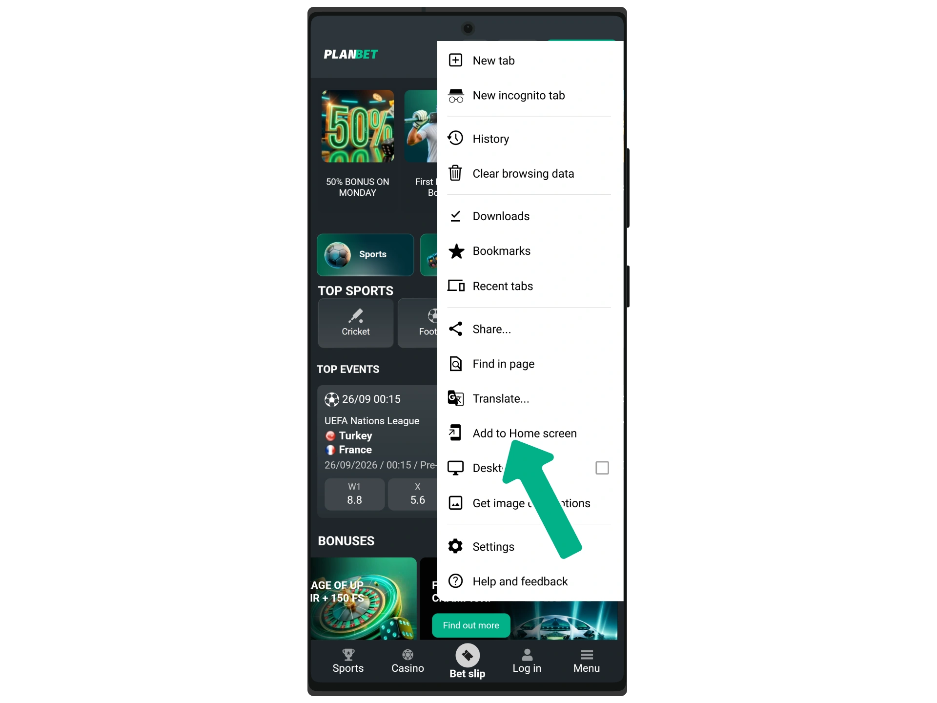 Select the appropriate option from your browser's menu to add Planbet.