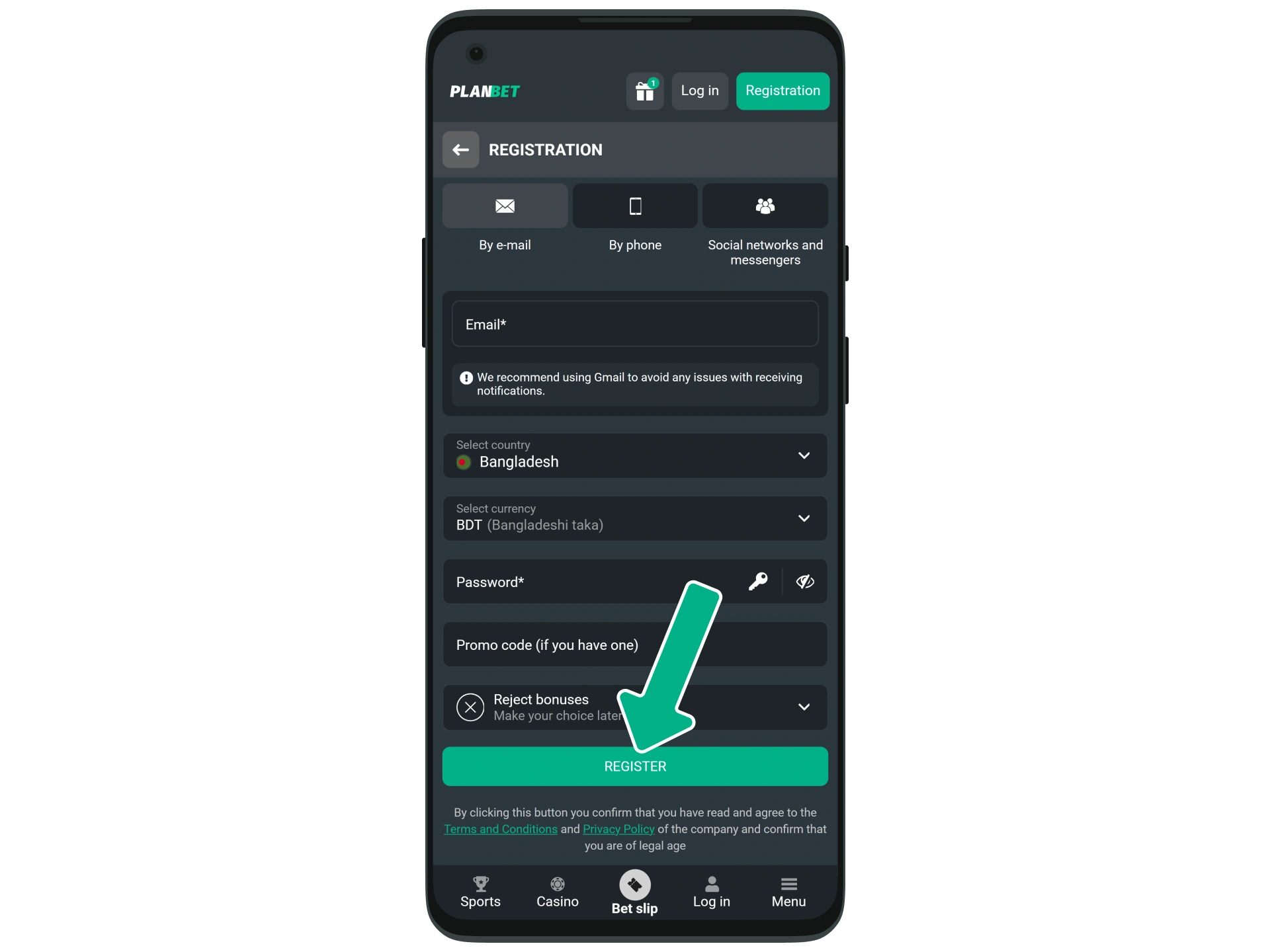 Confirm the registration of the Planbet account.
