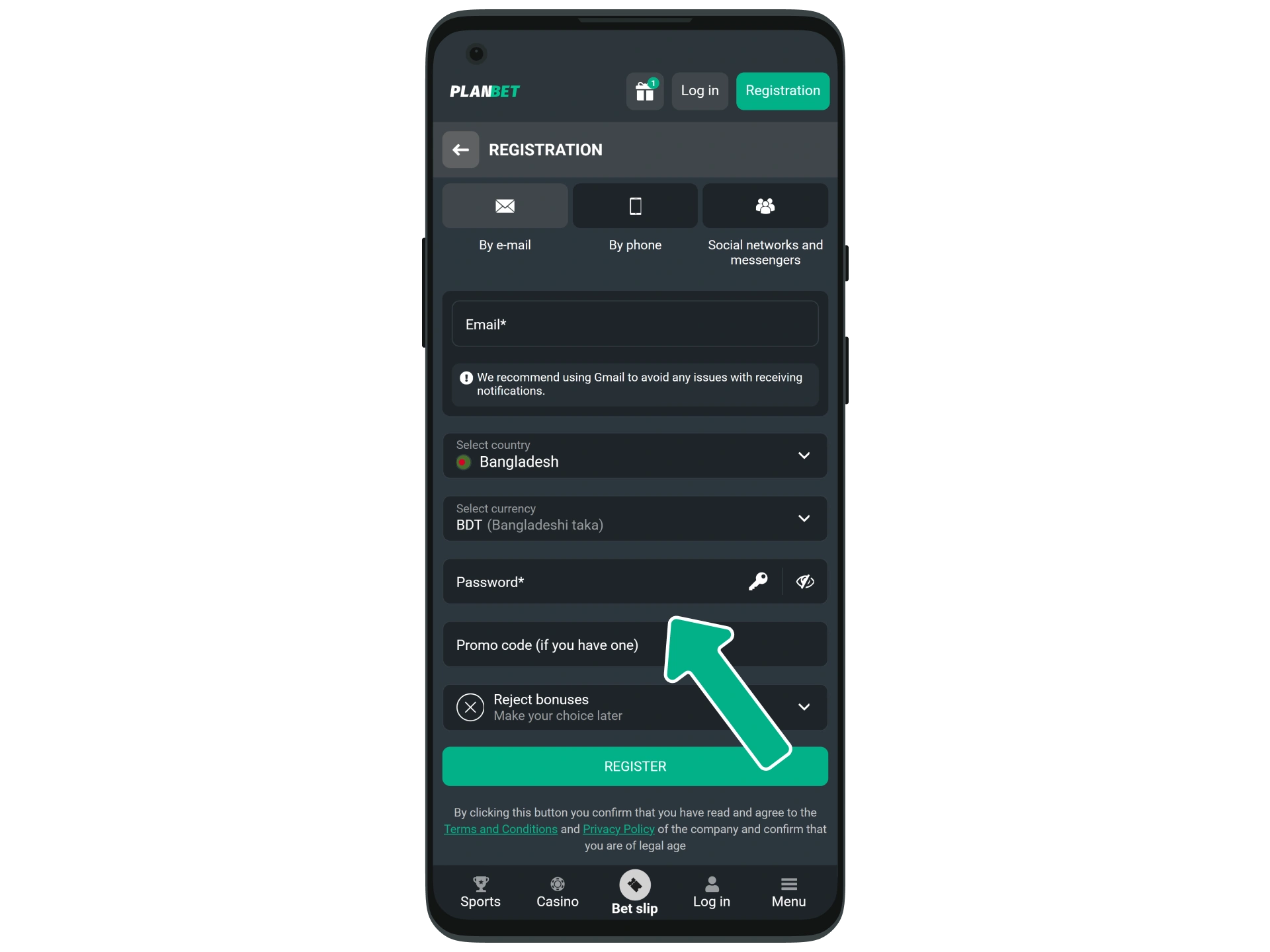 Enter all the details to register at Planbet.