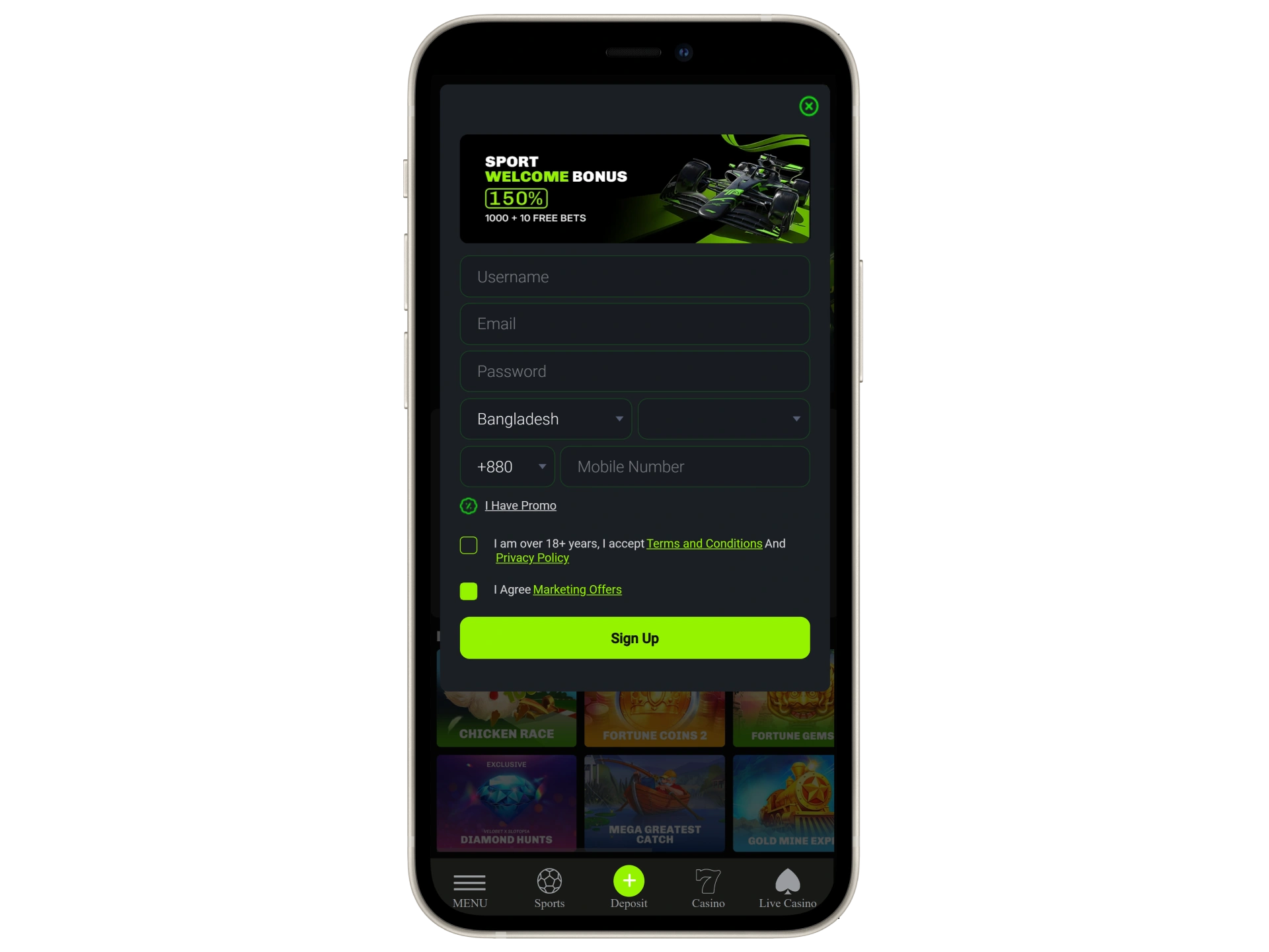 Register a Velobet account via the mobile version of the website.