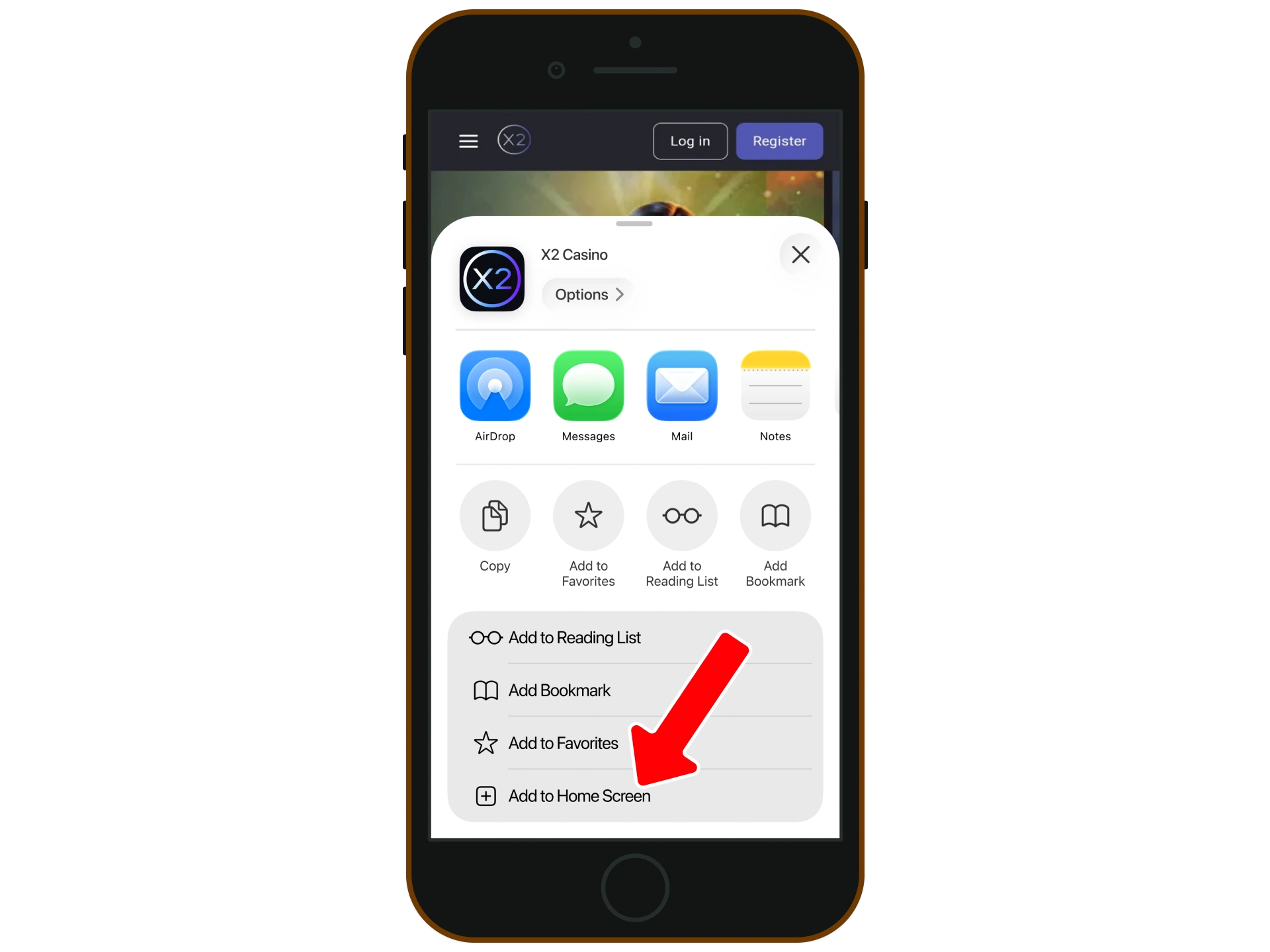 Add the X2Casinos shortcut to the home screen of your iOS phone.