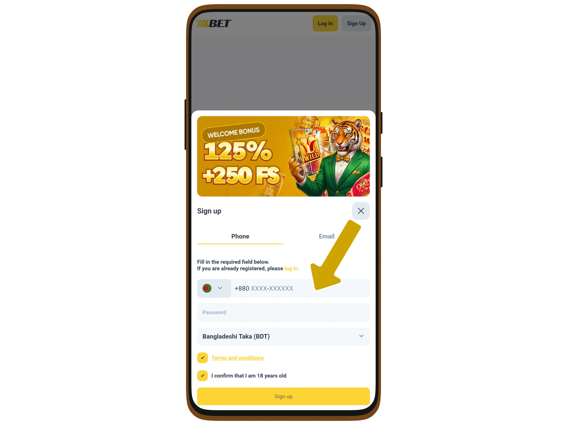 Add the necessary info to the XXXBet registration form.